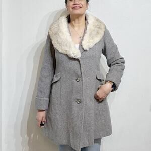 Vintage 60s Gray Wool Coat Faux Fur Collar ILGWU Made USA Sz L